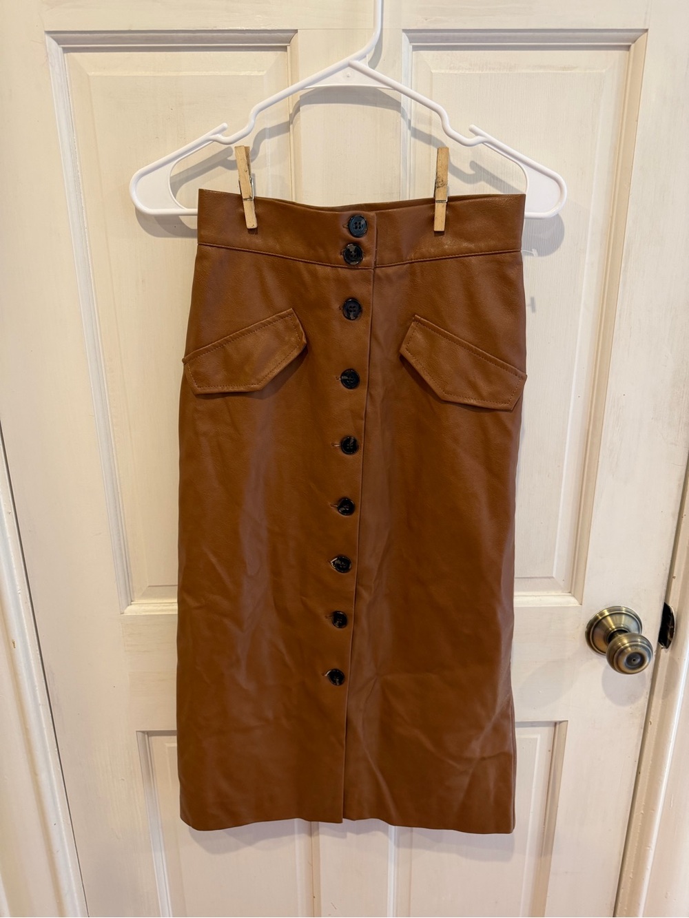 H&M Faux Leather Skirt- Midi Length- Button Down- Size 2